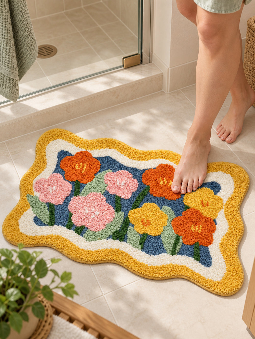 Garden Bloom Wavy Border Bath Mat — bathroom context detail