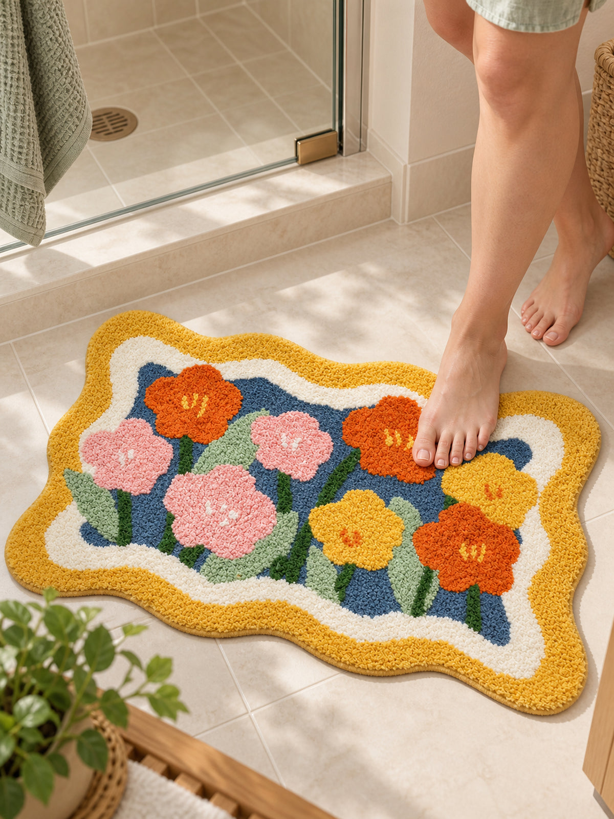 Garden Bloom Wavy Border Bath Mat — bathroom context detail