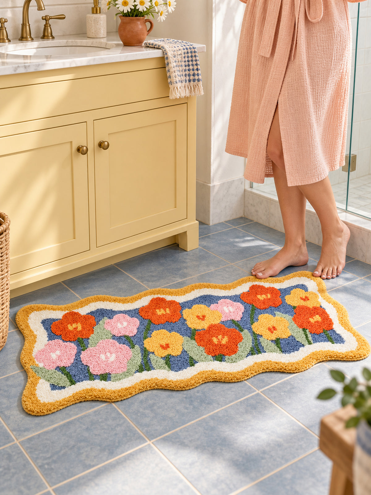 Garden Bloom Wavy Border Bath Mat — bathroom scene