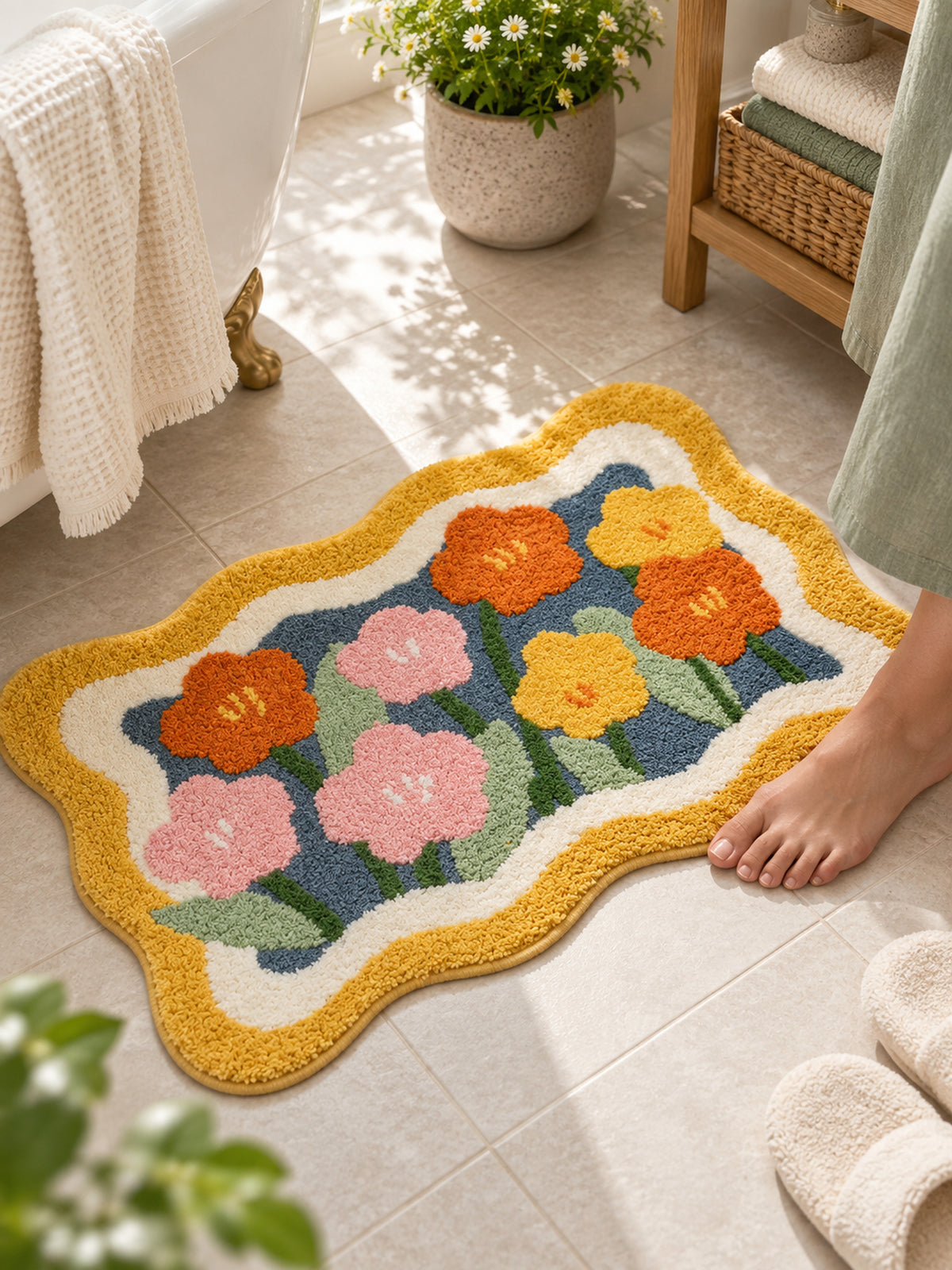 Garden Bloom Wavy Border Bath Mat — bathroom context detail