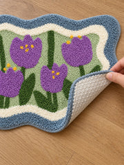 Violet Tulip Frame Wavy-Edge Bath Mat — Textured backing