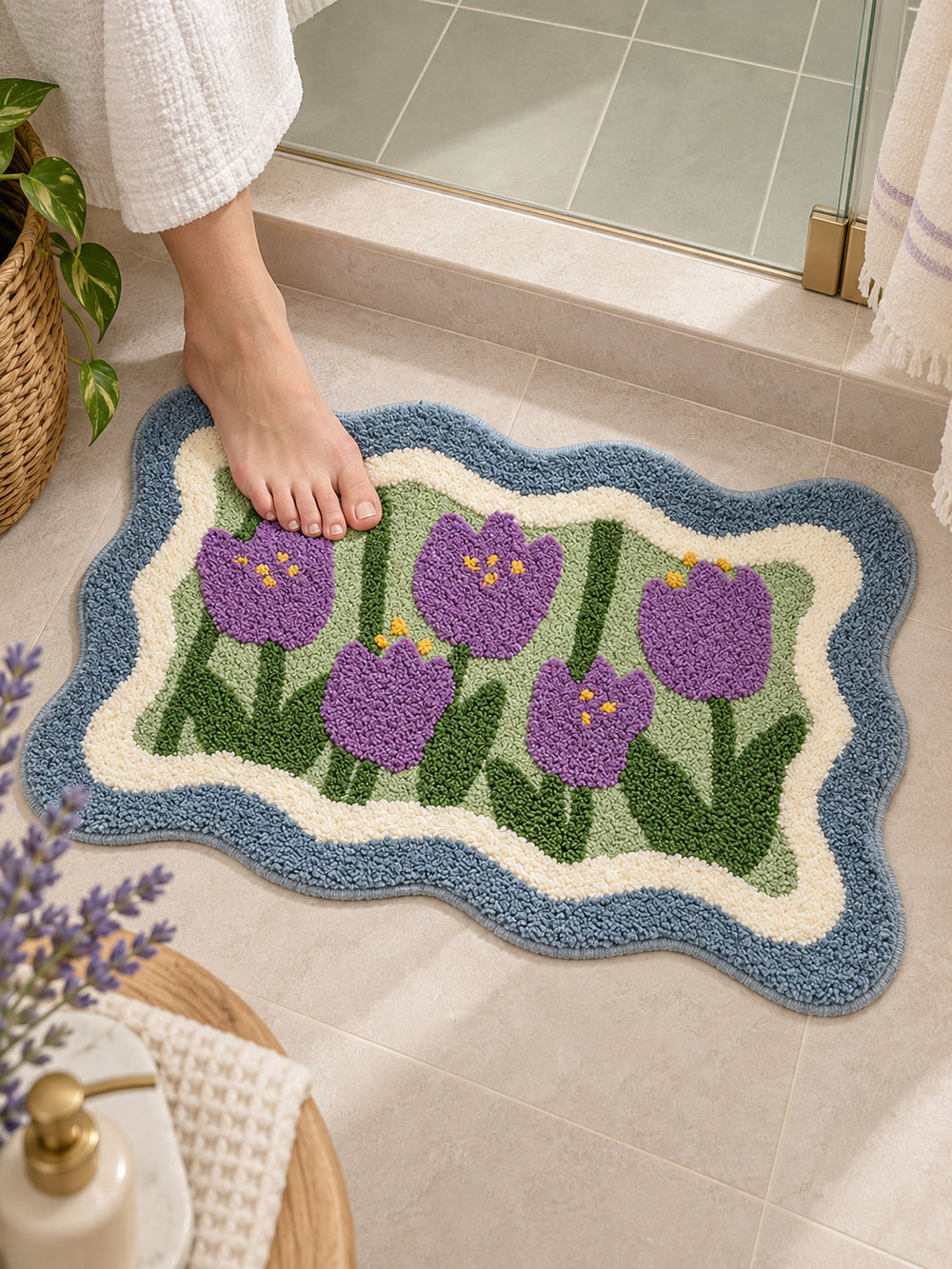 Violet Tulip Frame Wavy-Edge Bath Mat — Bathroom close-up
