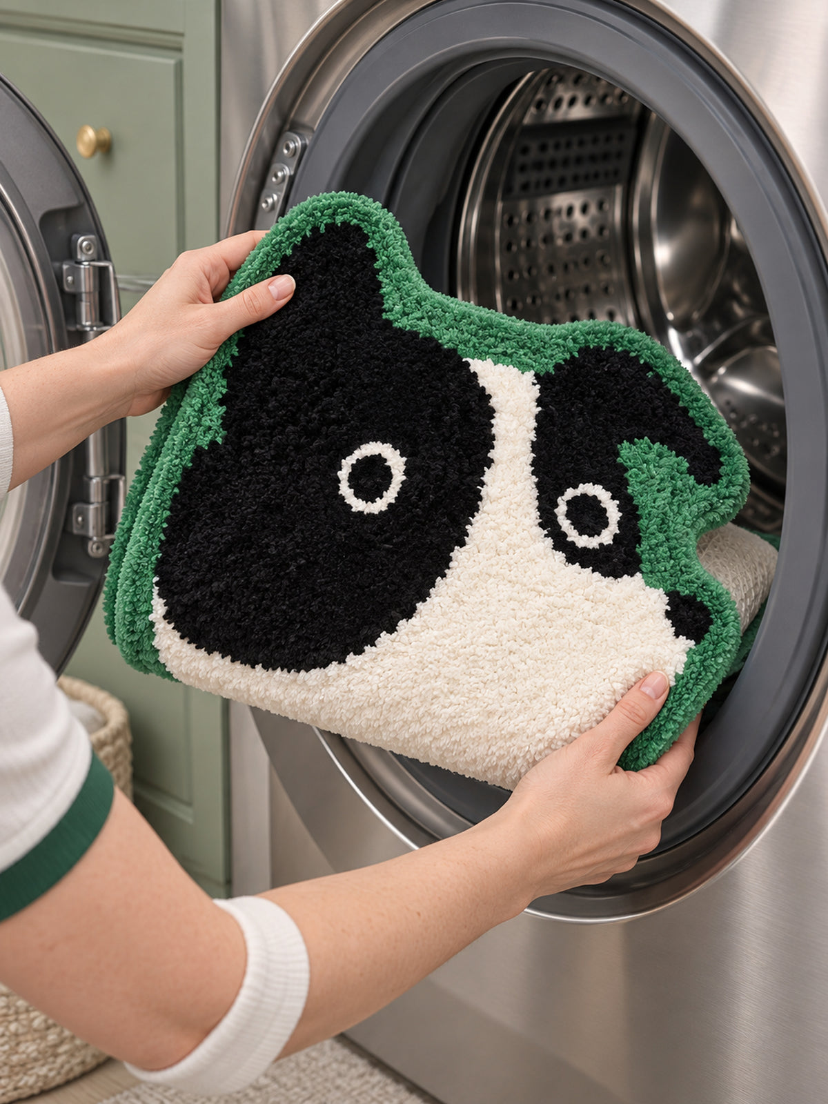 Black & White Puppy Shaped Bath Mat — Care scene