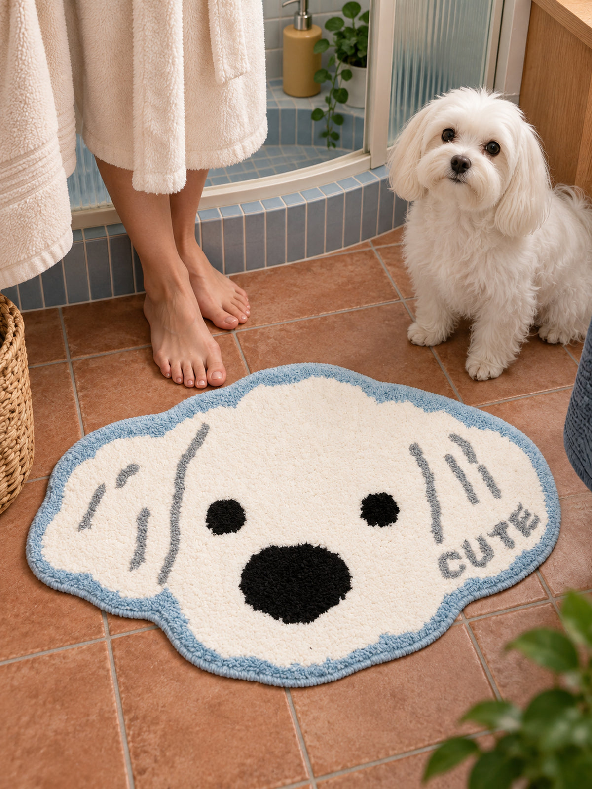 Snowy Puppy Face Shaped Bath Mat — bathroom scene