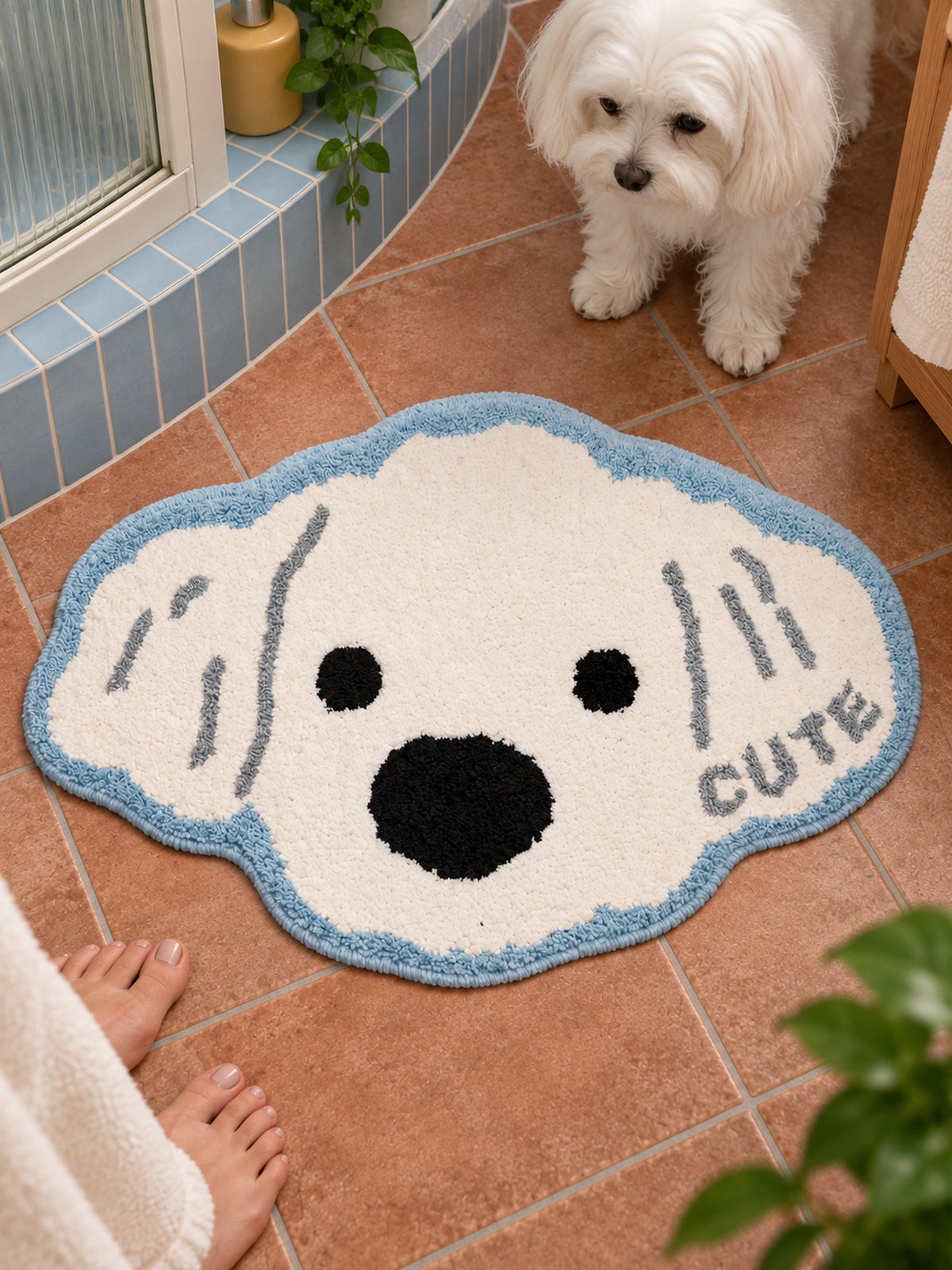 Snowy Puppy Face Shaped Bath Mat — bathroom context detail