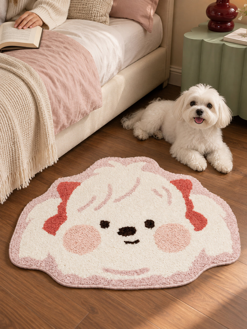 Blushing Maltese Puppy Shaped Bath Mat — bedroom scene