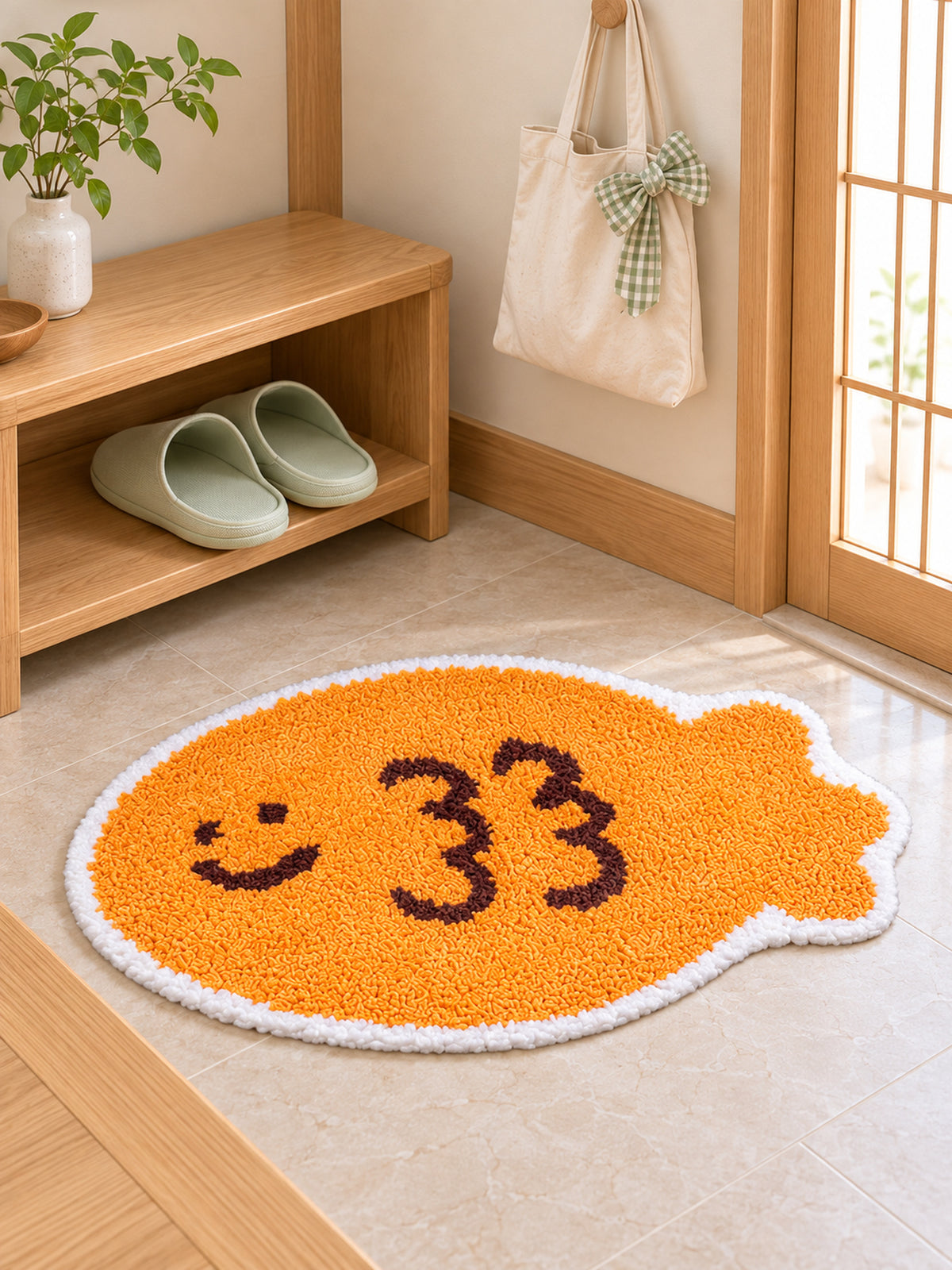 Smiling Orange Fish Shaped Bath Mat — welcoming entryway