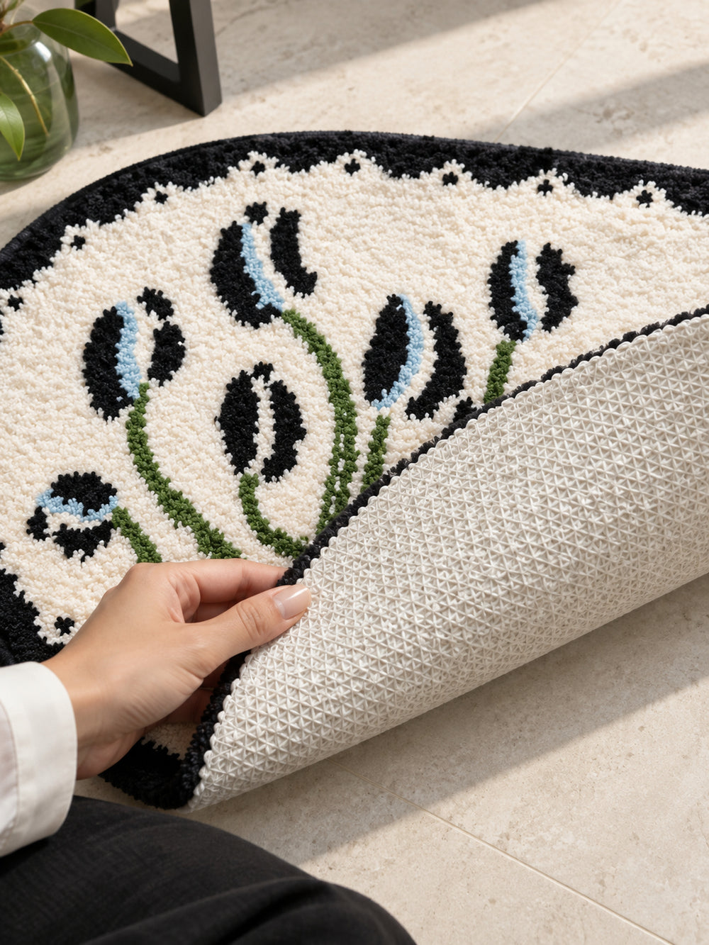 Floral Study Oval Bath Mat - Midnight — backing detail