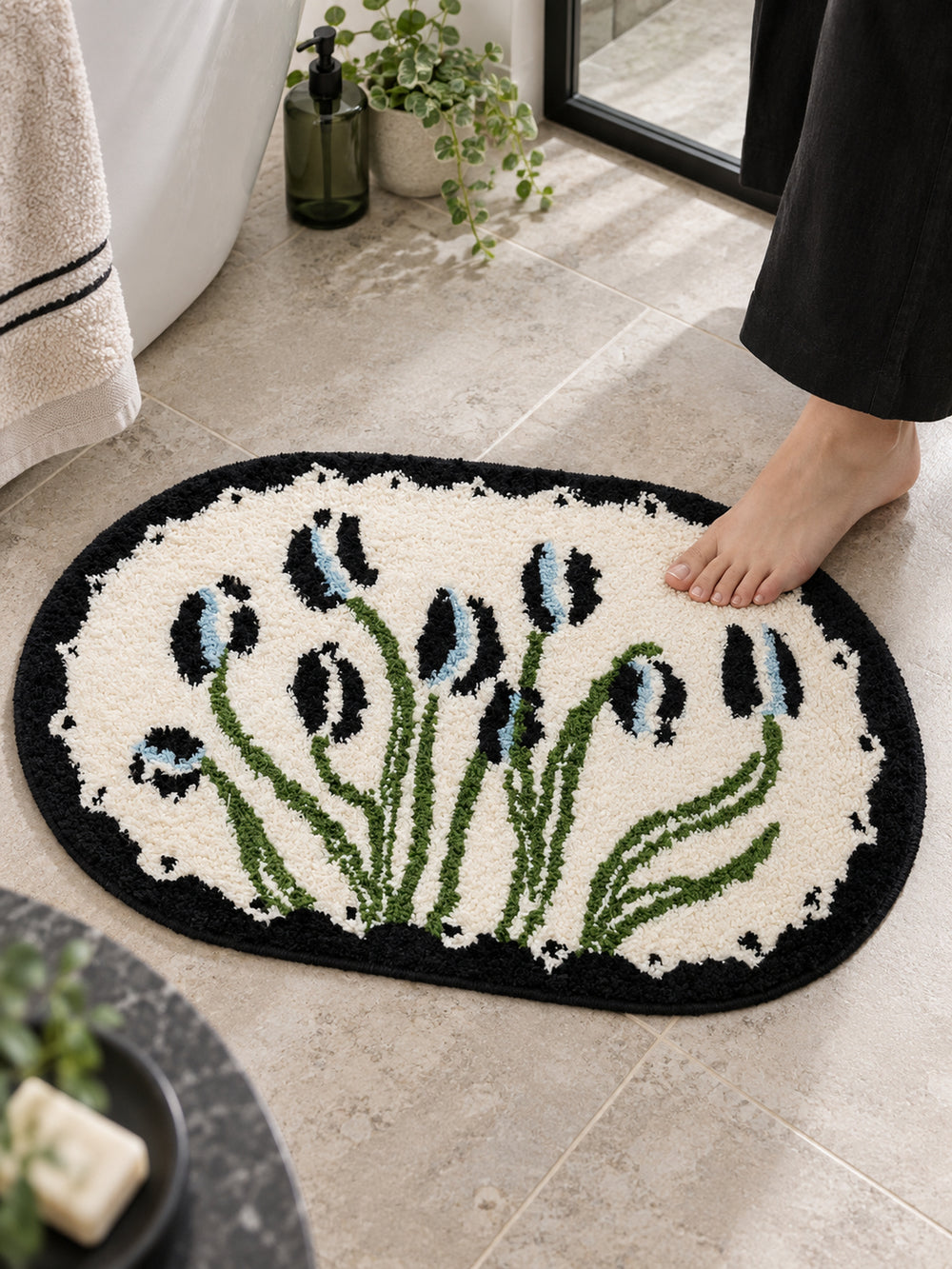 Floral Study Oval Bath Mat - Midnight — bathroom context detail
