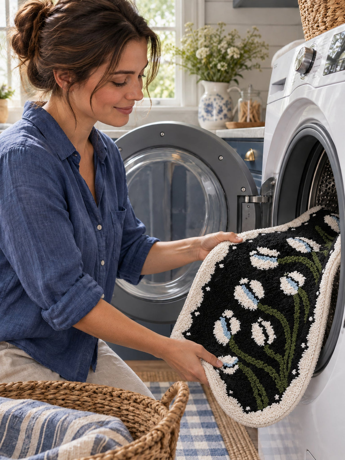 Floral Study Oval Bath Mat - Midnight — machine wash