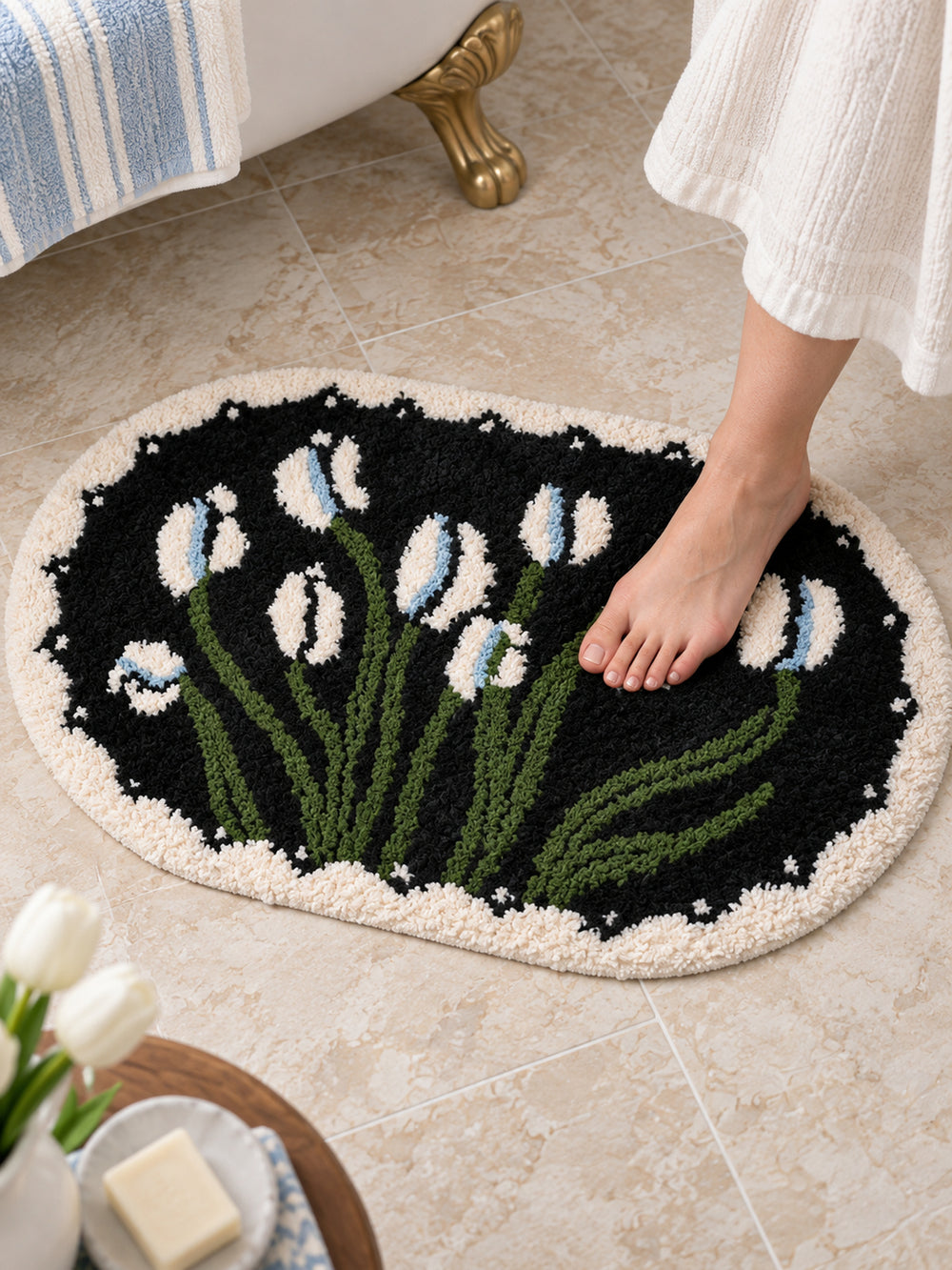 Floral Study Oval Bath Mat - Midnight — bathroom context detail