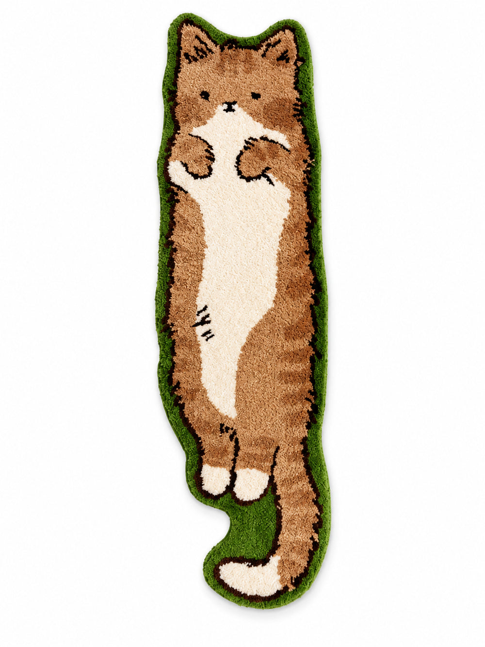 Long Cat Shaped Runner Rug - Brown Tabby on a white background