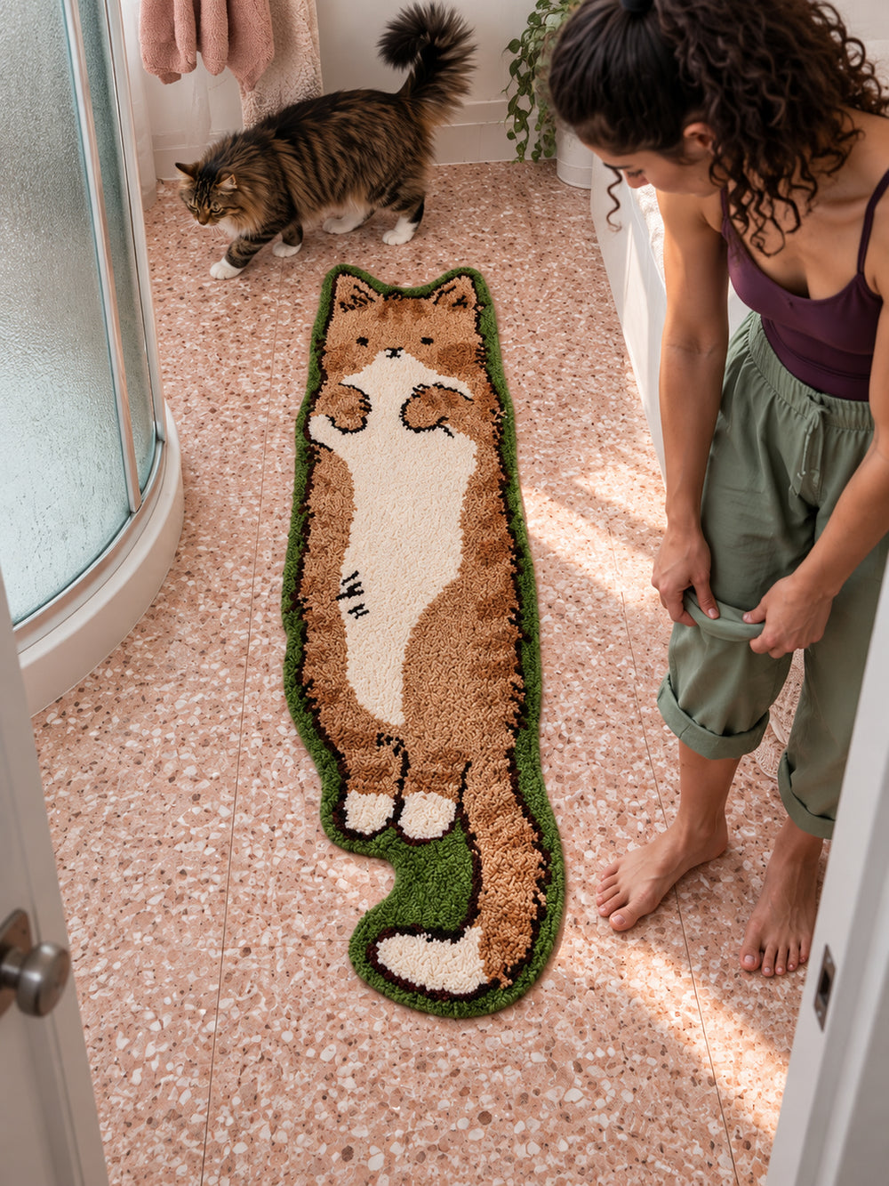 Long Cat Shaped Runner Rug - Brown Tabby — bathroom scene