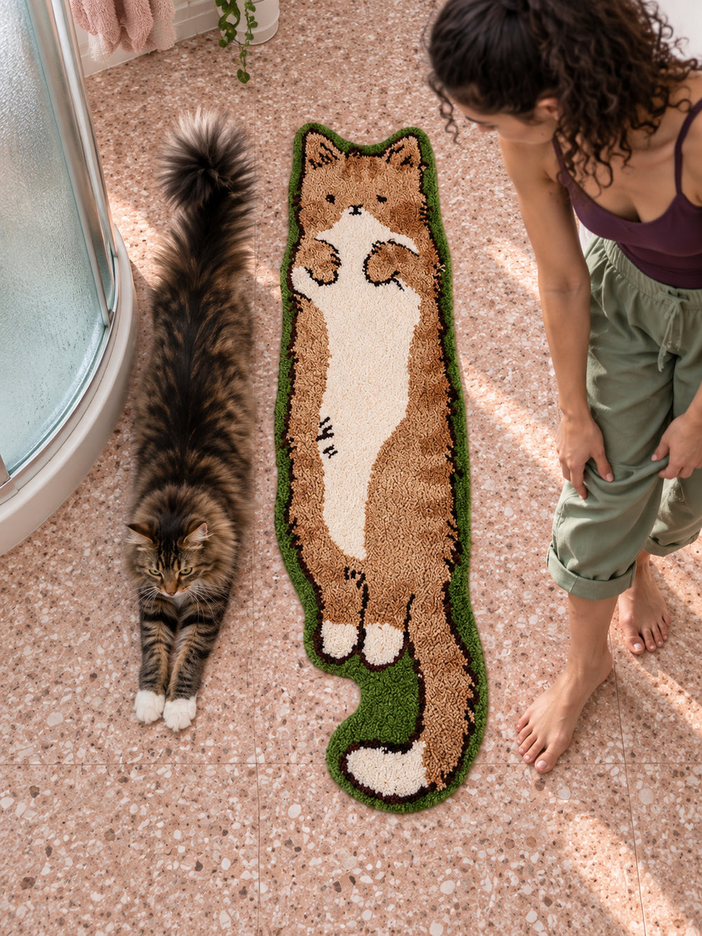 Long Cat Shaped Runner Rug - Brown Tabby — bathroom context detail