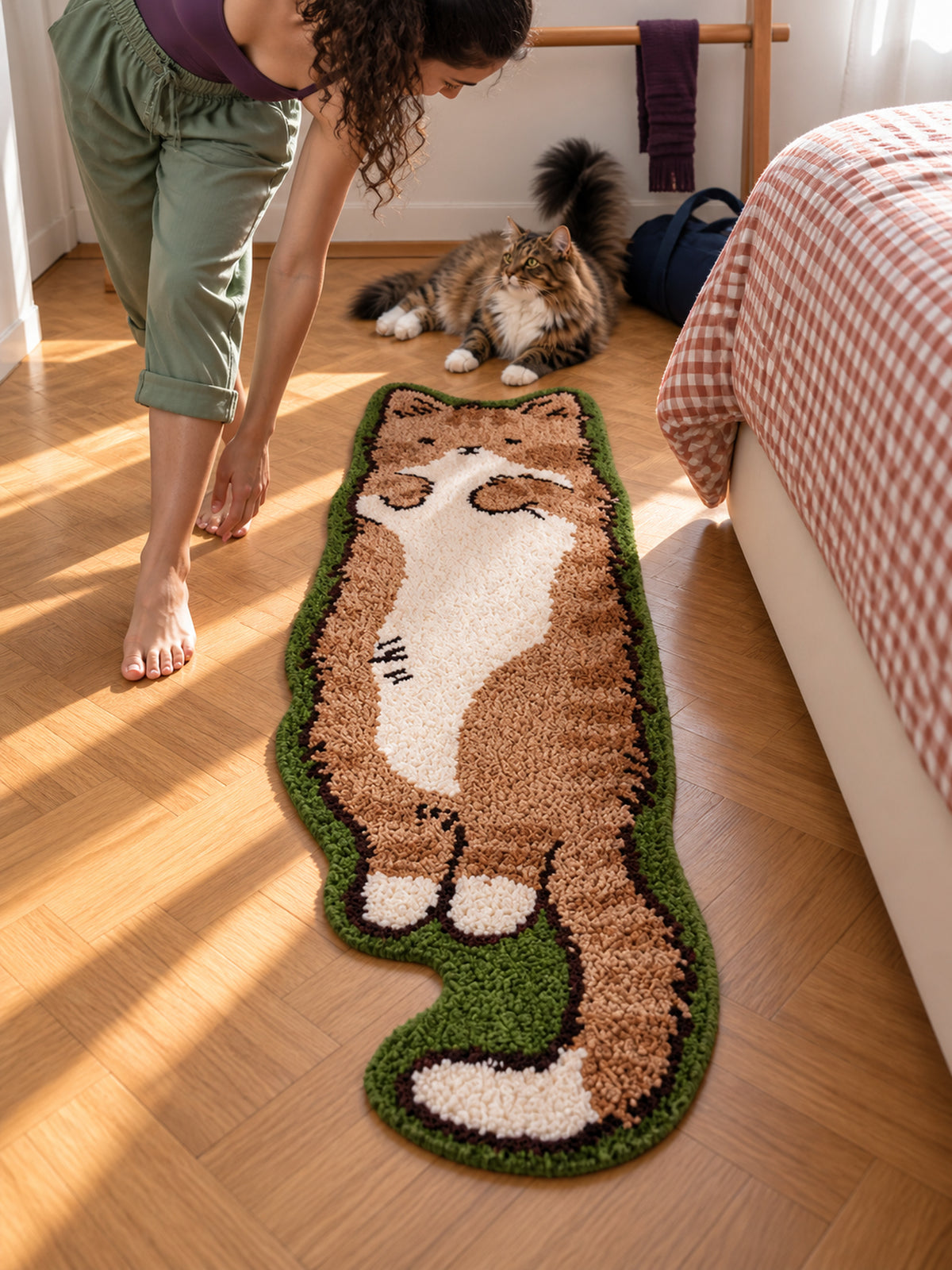Long Cat Shaped Runner Rug - Brown Tabby — bedside context detail