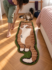 Long Cat Shaped Runner Rug - Brown Tabby — bedside context detail