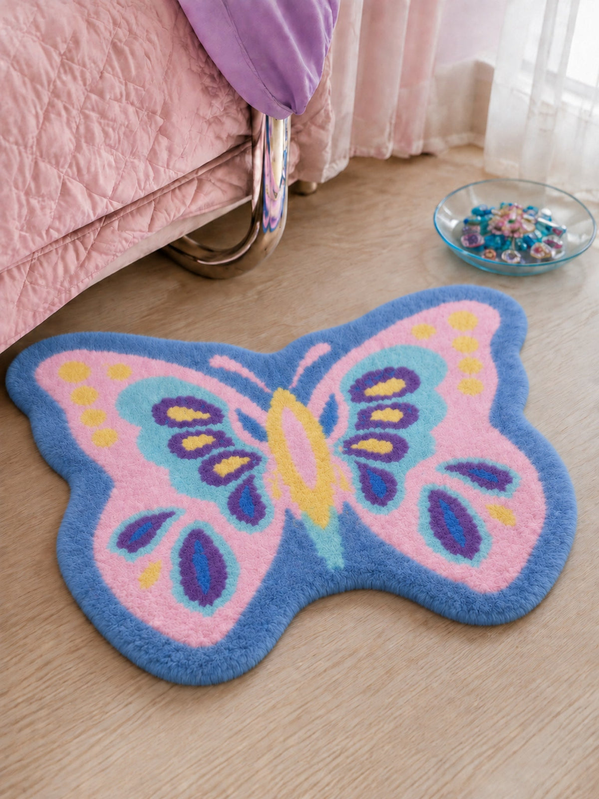 Garden Wing Colorful Butterfly Bath Mat — bedside context detail