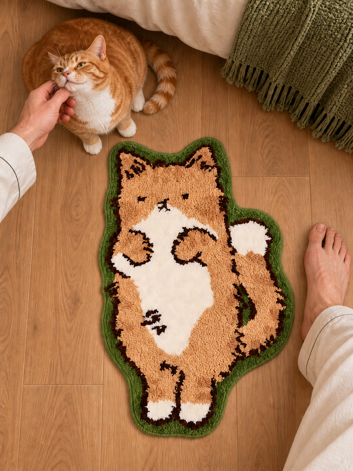 Cozy Tabby Cat Shaped Bath Mat — Bedside close-up