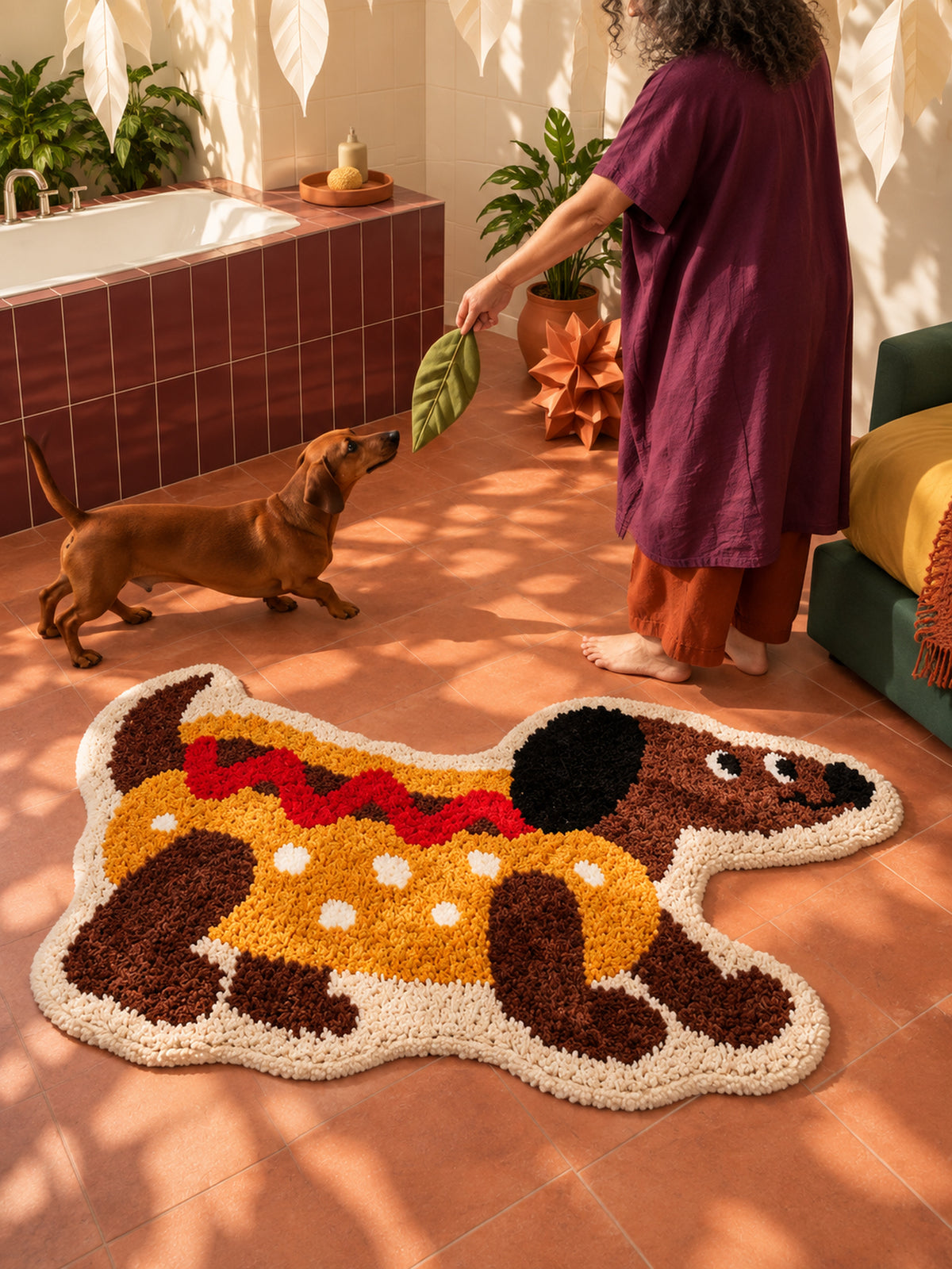 Hot dog dachshund-shaped rug, 80 x 160 cm, beside a person and dachshund in a sunlit terracotta room.