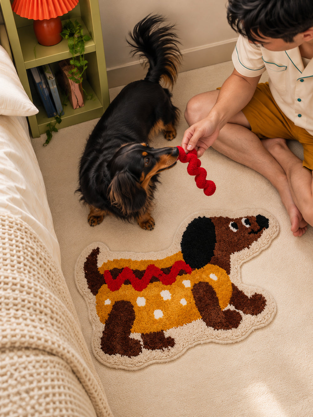 Hot dog dachshund-shaped mat, 50 x 80 cm, beside a person playing with a dachshund near a bed.