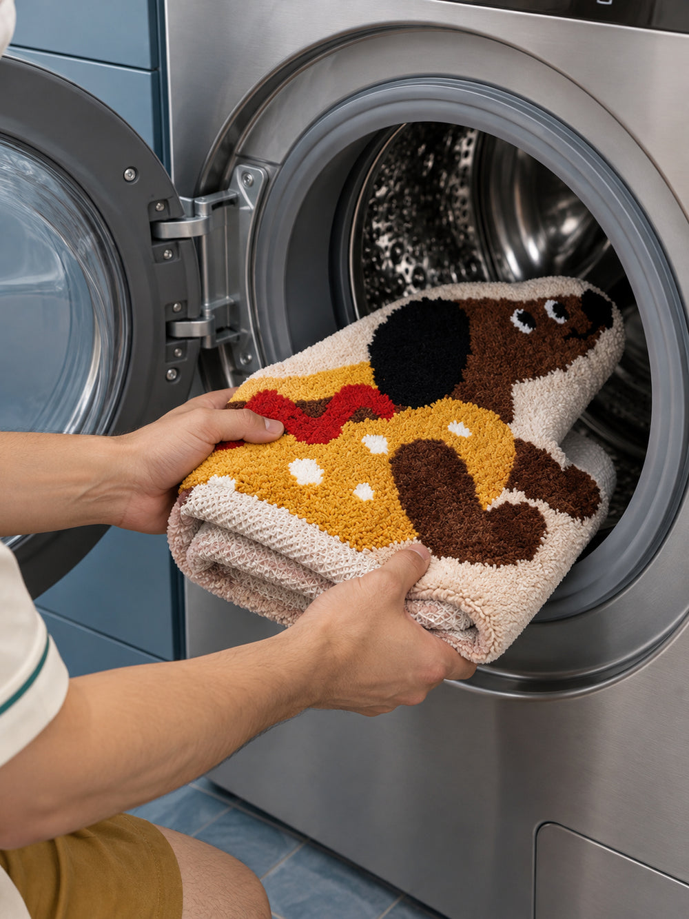 Hot dog dachshund-shaped mat, 50 x 80 cm, folded and held at the door of a front-loading washing machine.