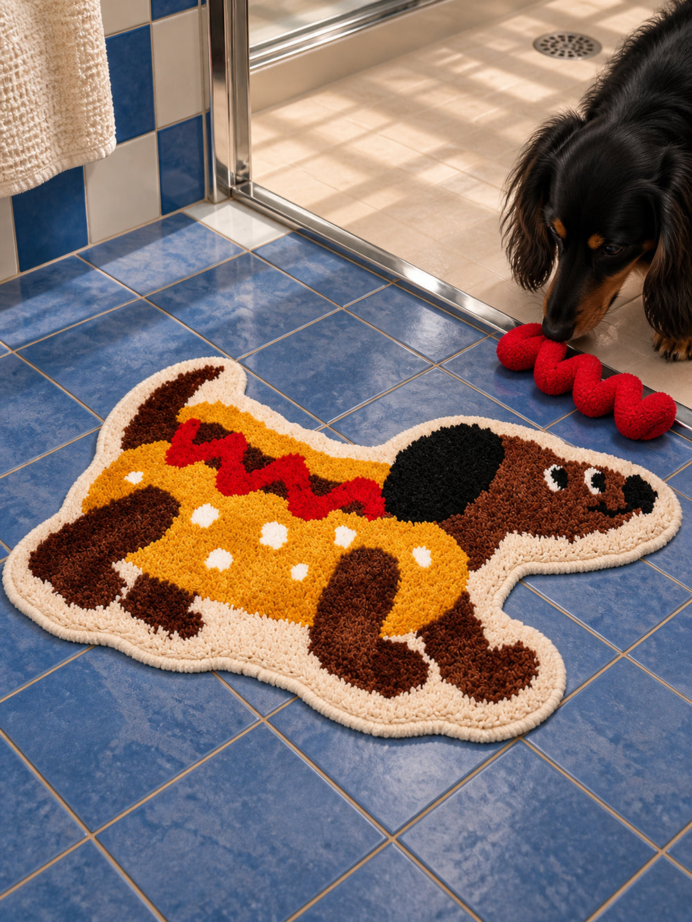 Hot dog dachshund-shaped mat, 50 x 80 cm, beside a dachshund and red toy on a blue-tiled bathroom floor.