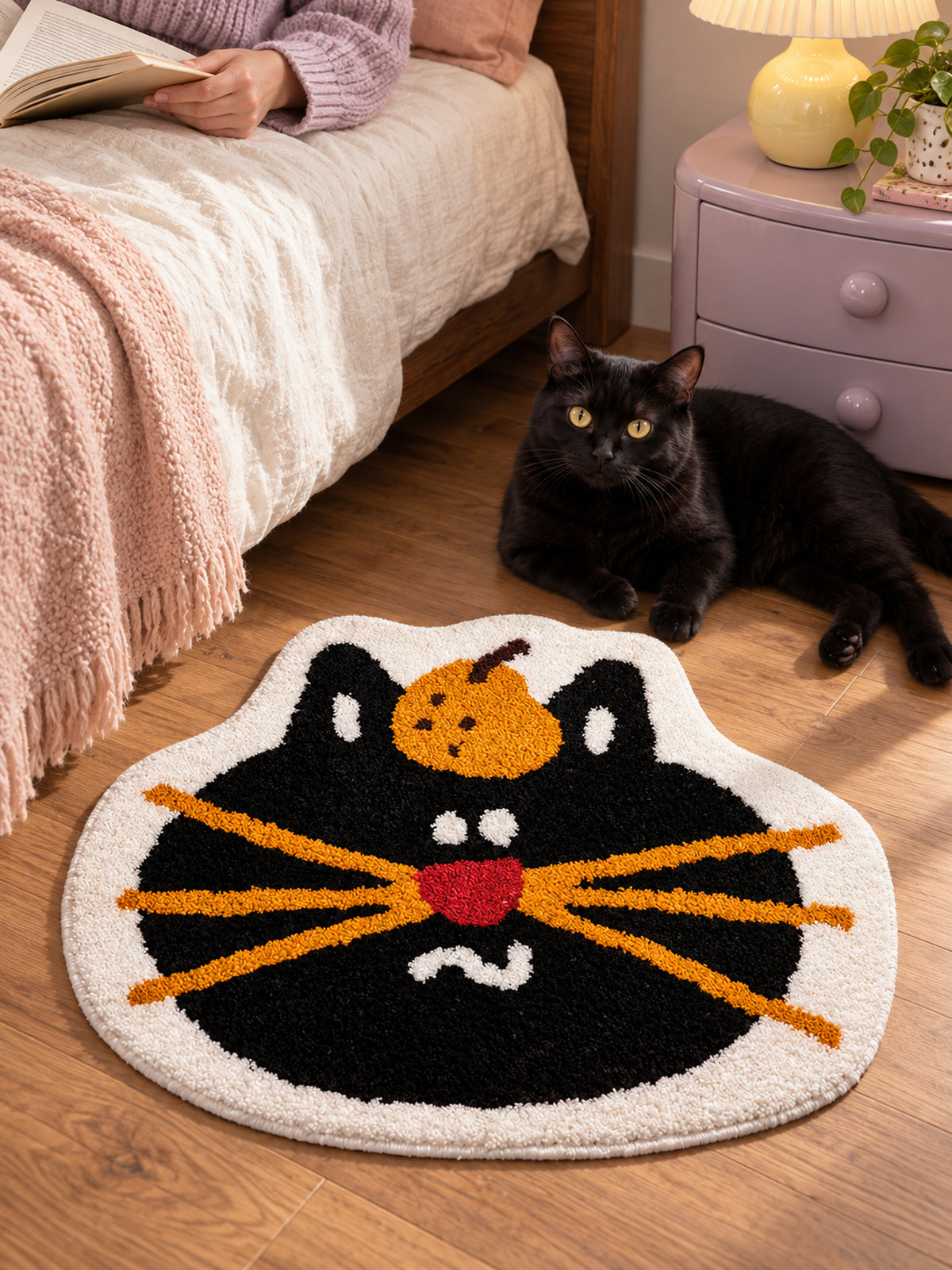 Pumpkin Black Cat Face Bath Mat — bedroom scene