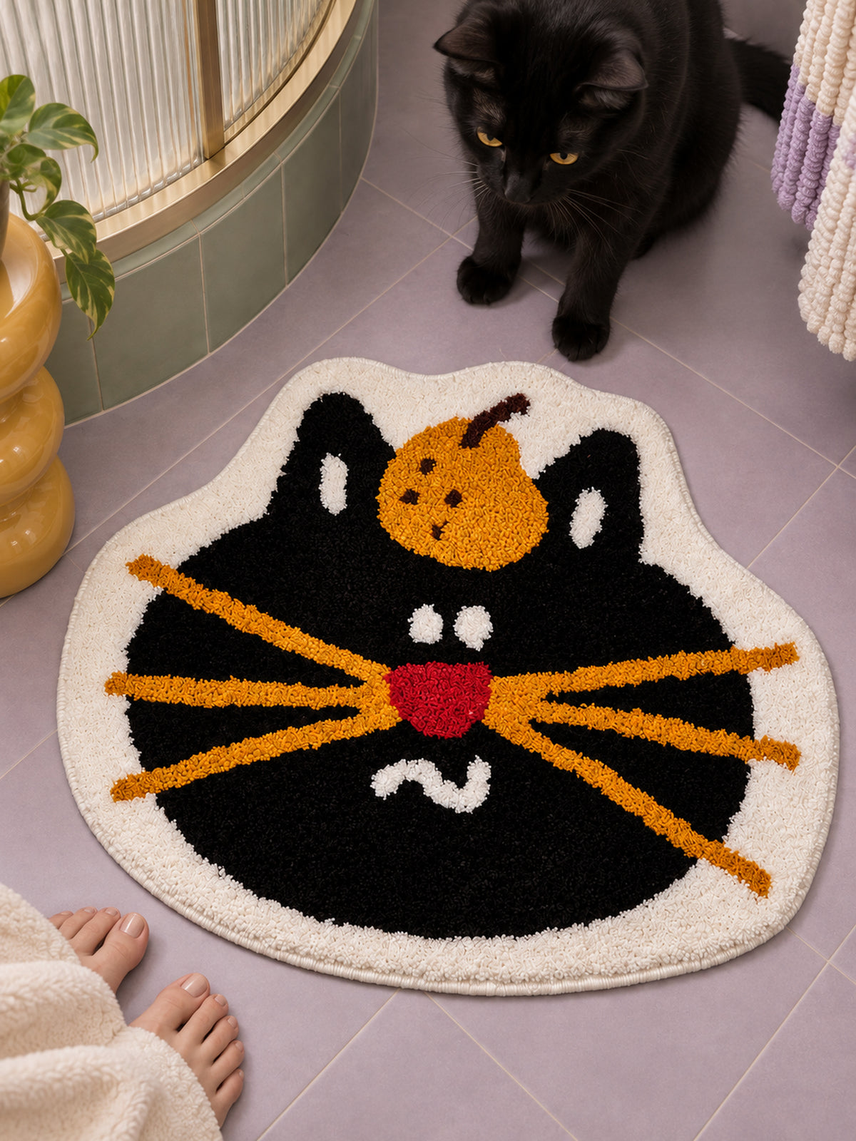 Pumpkin Black Cat Face Bath Mat — bathroom context detail