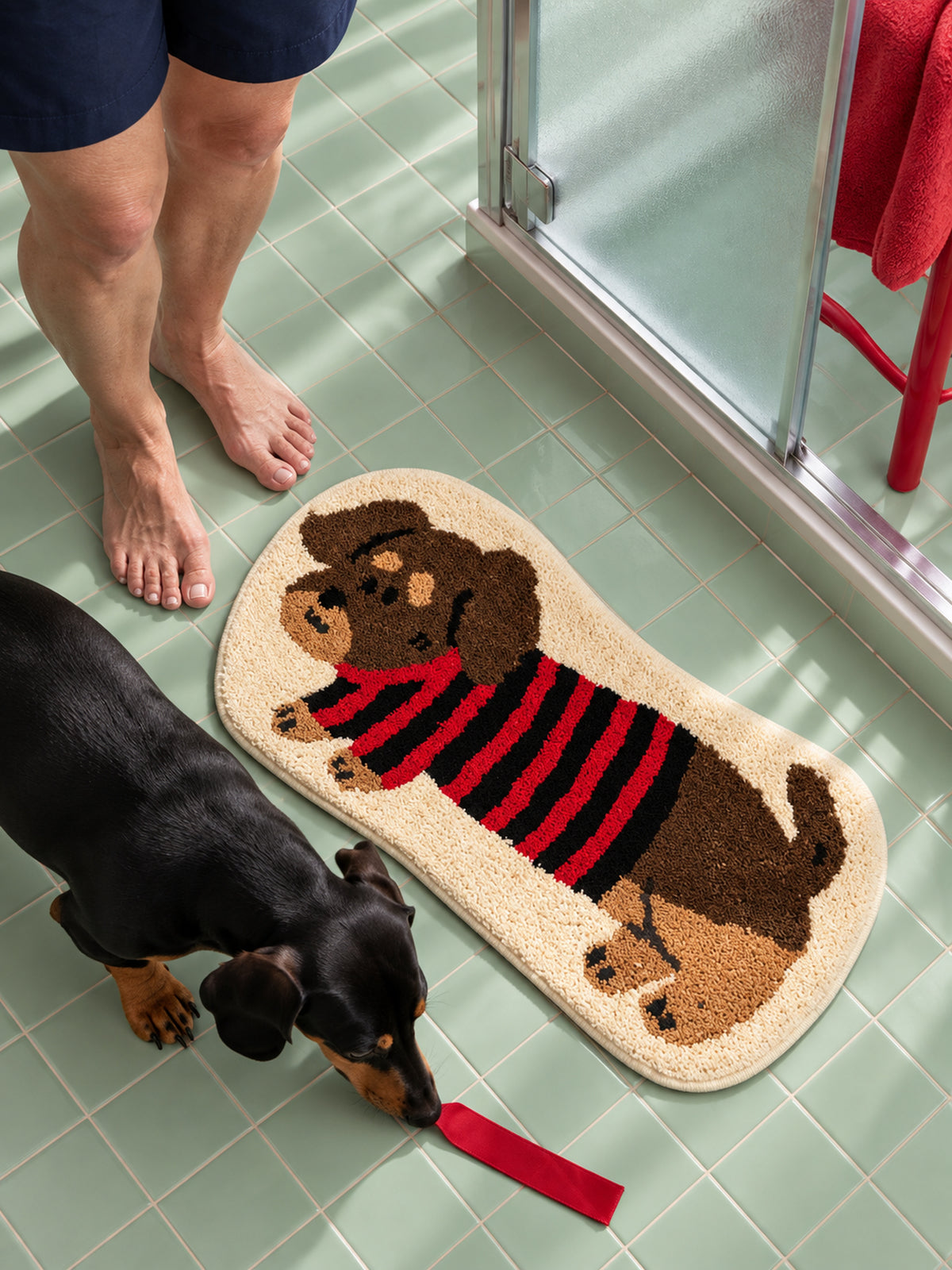 Striped Dachshund Bath Mat - Red & Black — bathroom scene