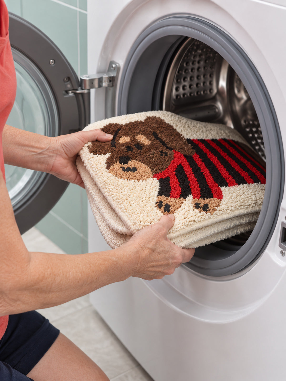 Striped Dachshund Bath Mat - Red & Black — machine wash