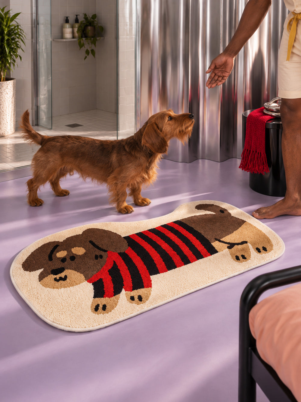 Striped Dachshund Bath Mat - Red & Black — bathroom scene