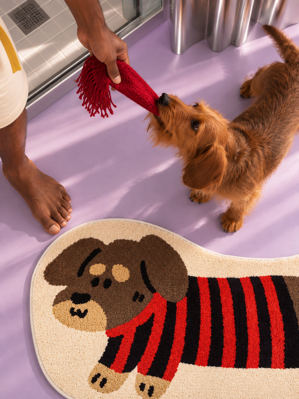 Striped Dachshund Bath Mat - Red & Black — bathroom context detail