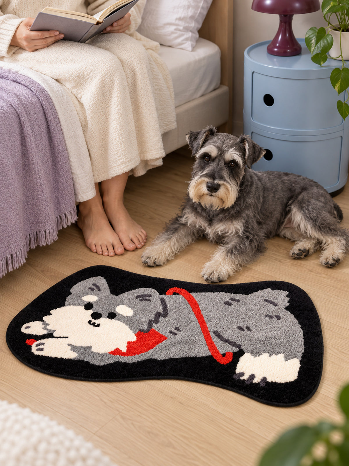 Red-Scarf Schnauzer Shaped Bath Mat — bedroom scene