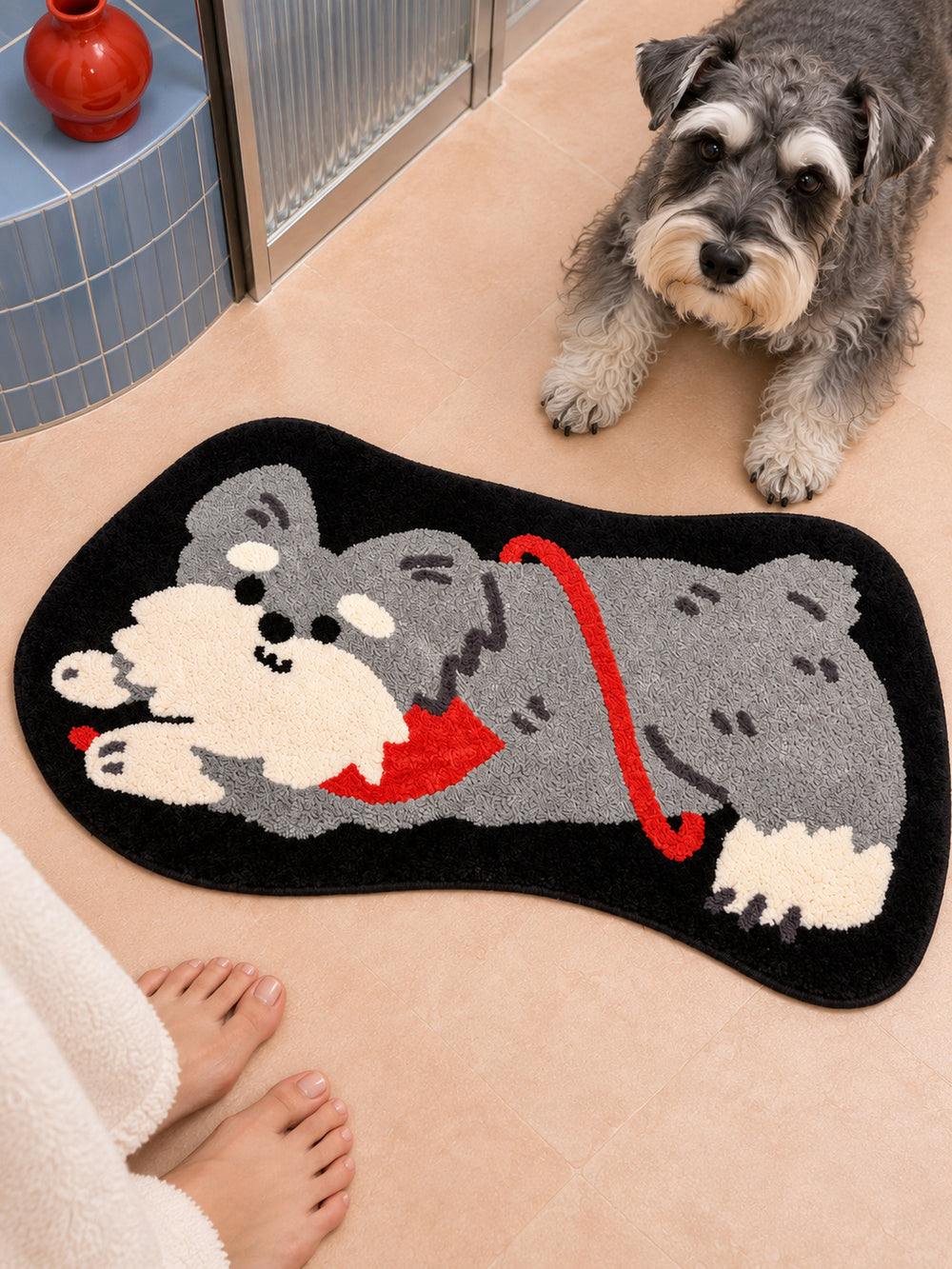 Red-Scarf Schnauzer Shaped Bath Mat — bathroom context detail