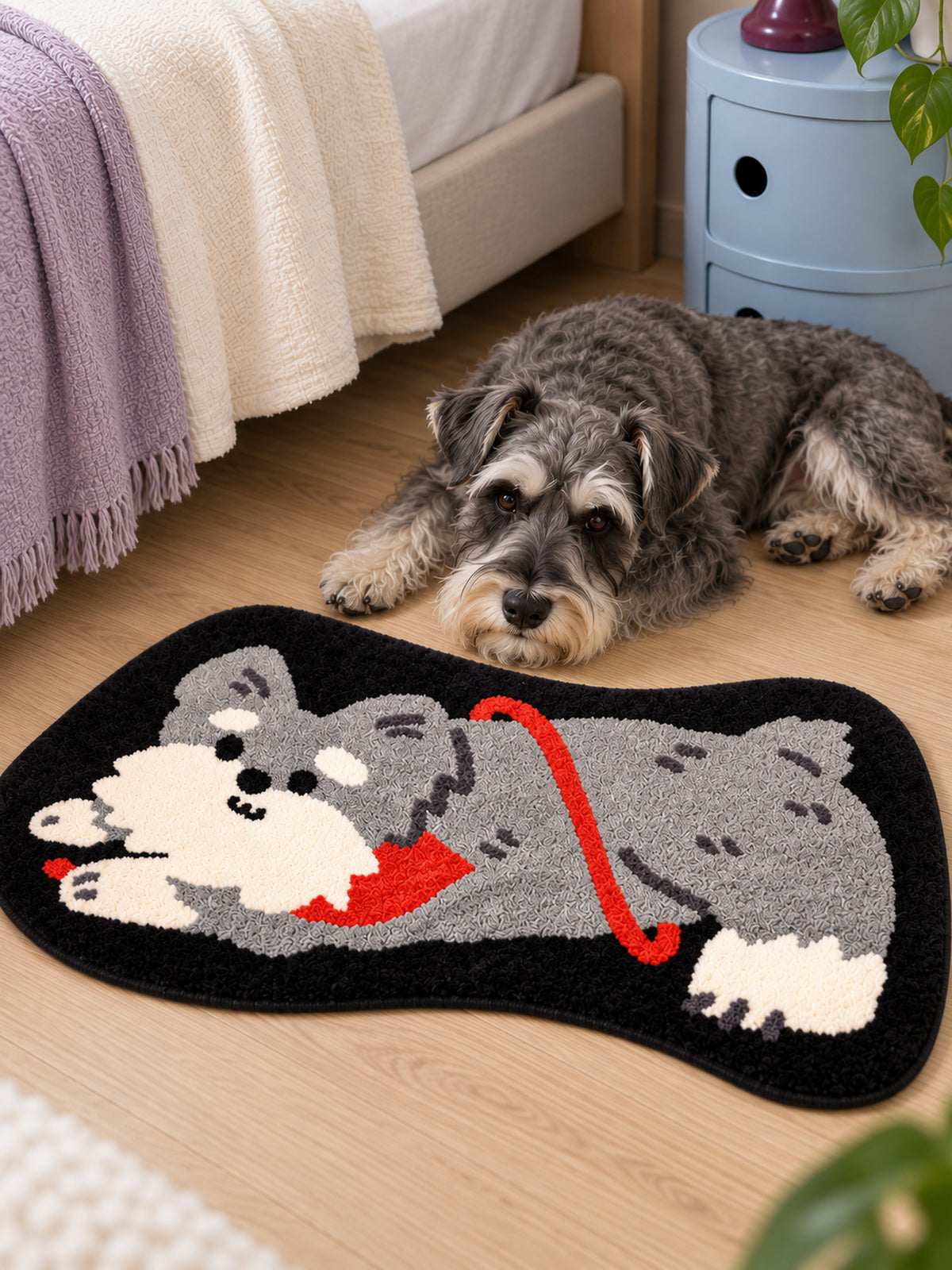 Red-Scarf Schnauzer Shaped Bath Mat — bedside context detail