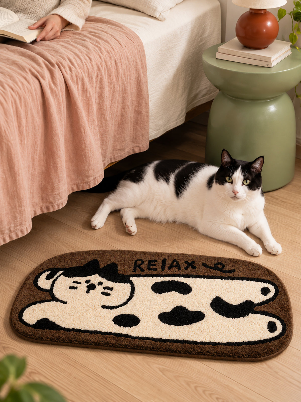 Relaxed Spotted Cat Bath Mat — bedroom scene