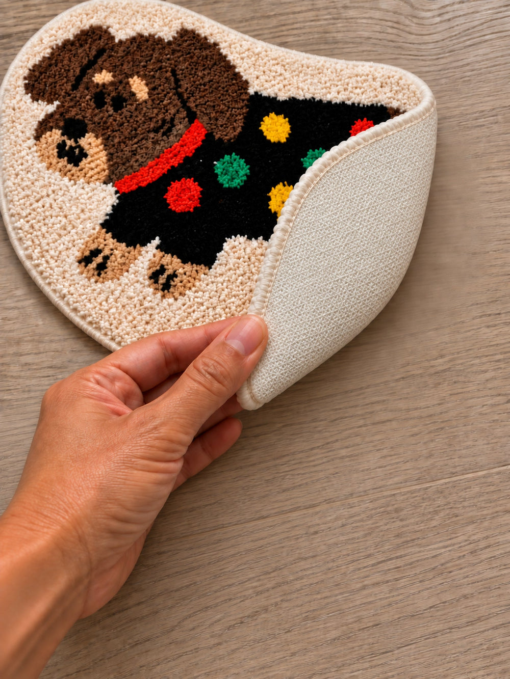 Confetti Sweater Dachshund Bath Mat — backing detail