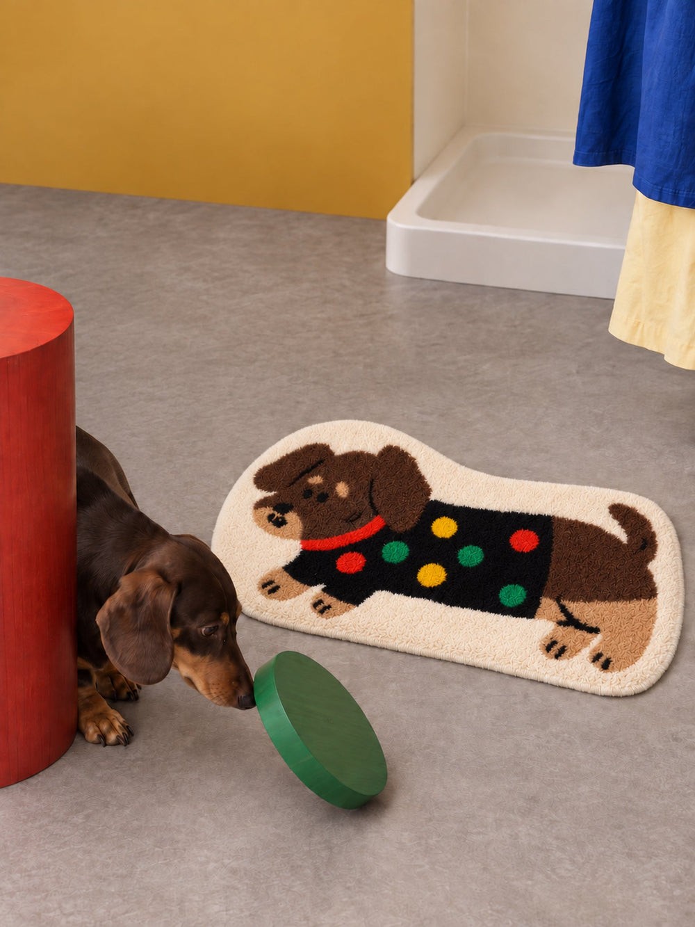 Confetti Sweater Dachshund Bath Mat — bathroom context detail