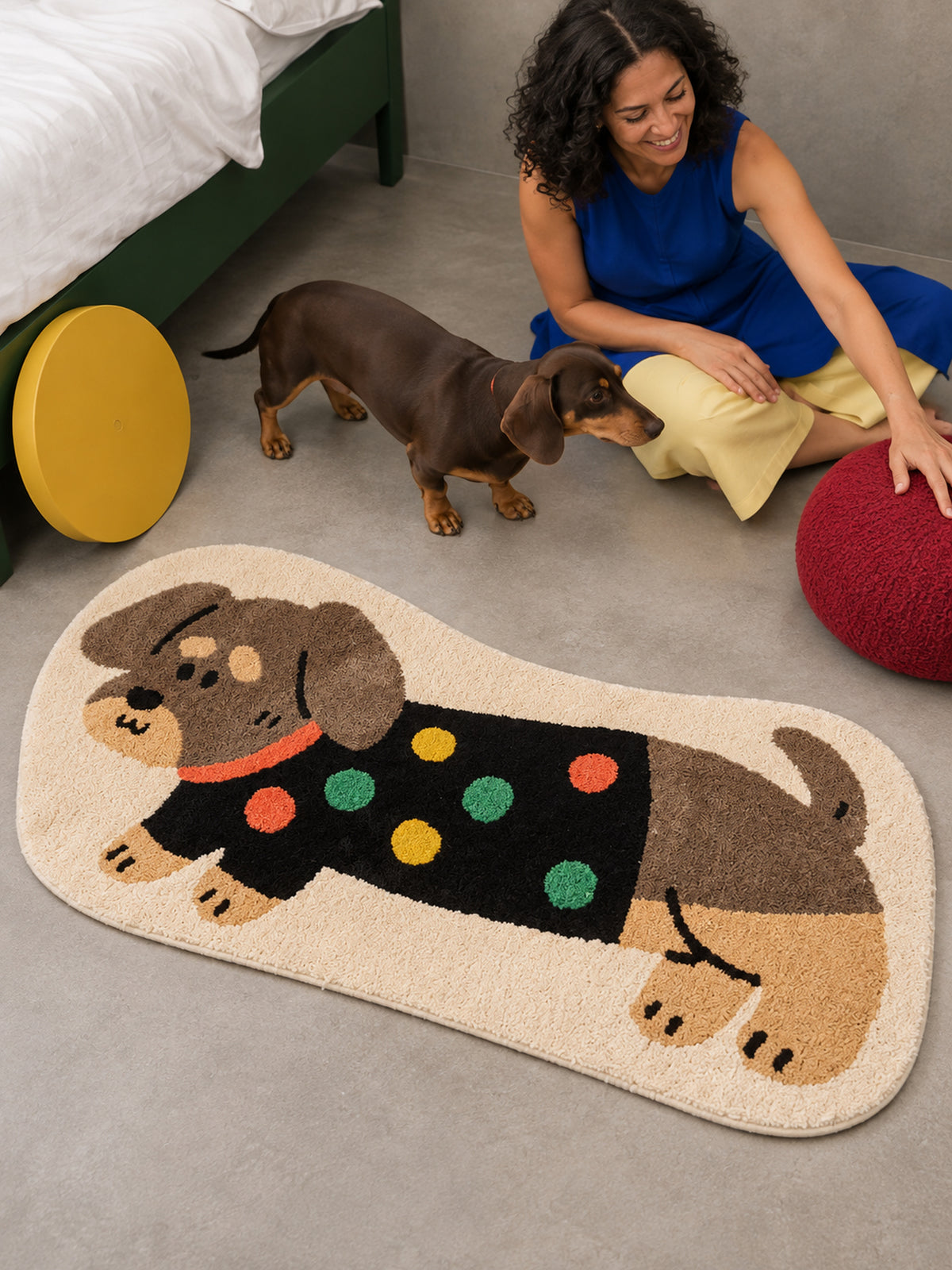Confetti Sweater Dachshund Bath Mat — bedroom scene