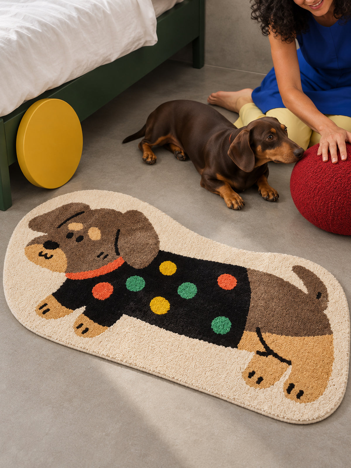 Confetti Sweater Dachshund Bath Mat — bedside context detail