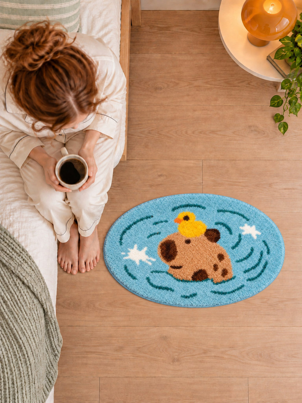 Capybara & Duckling Pond Bath Mat — bedroom scene