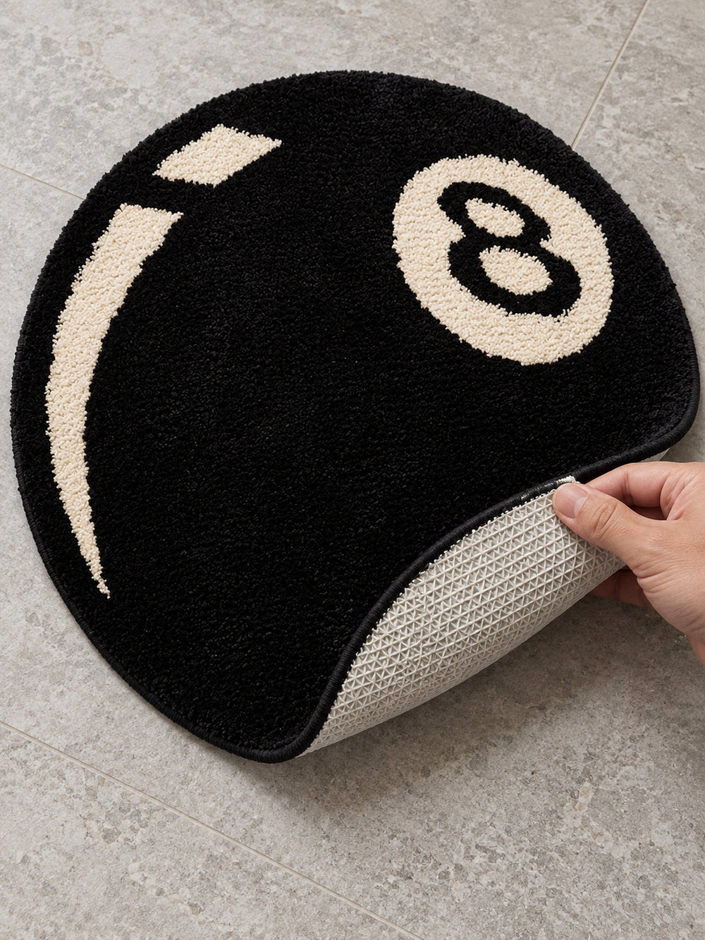 Eight Ball Round Accent Rug — Textured backing