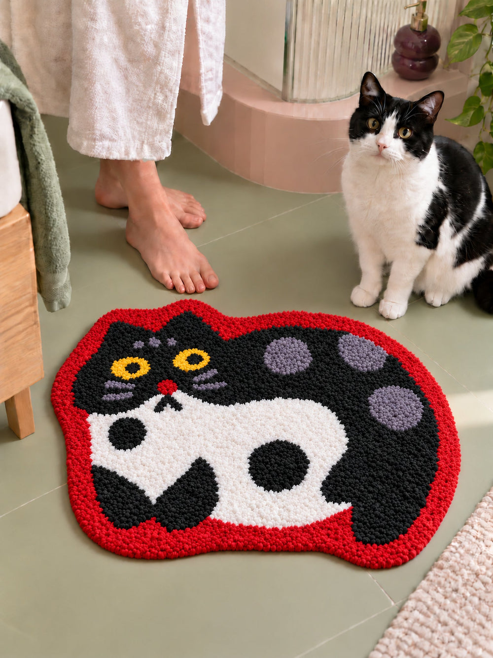 Spotted Cat Red-Outline Bath Mat — bathroom scene