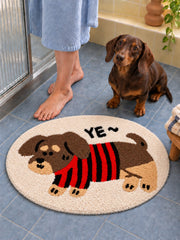 Striped Sweater Dachshund Oval Bath Mat — bathroom scene