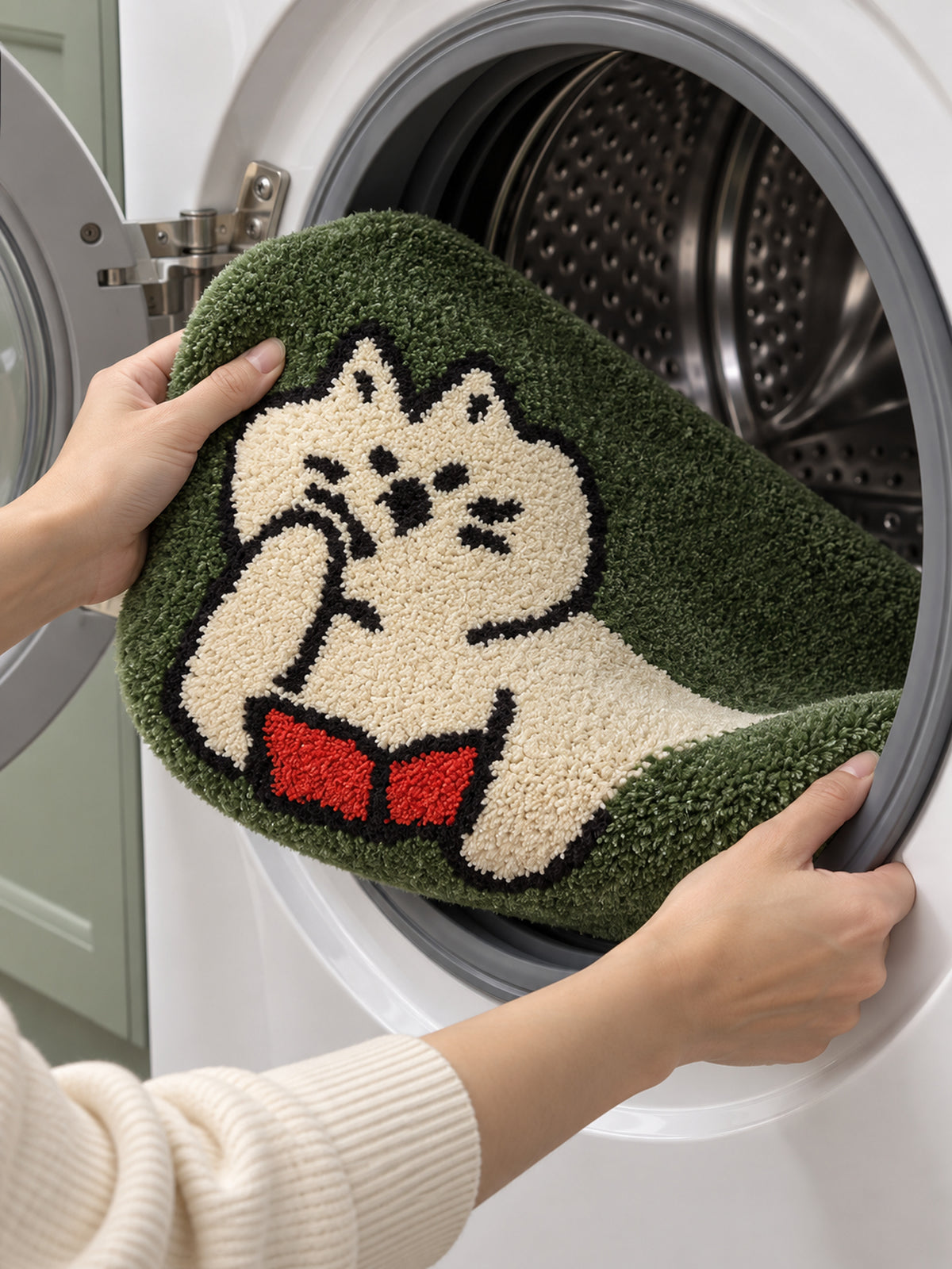 Green reading-cat oval mat, 50 x 80 cm, held at the open door of a front-loading washing machine.