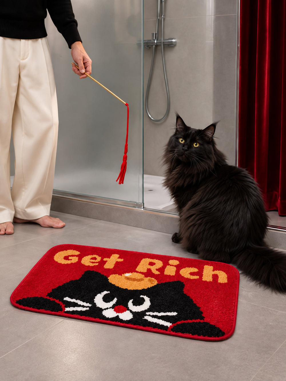 Get Rich Lucky Cat Bath Mat — bathroom scene
