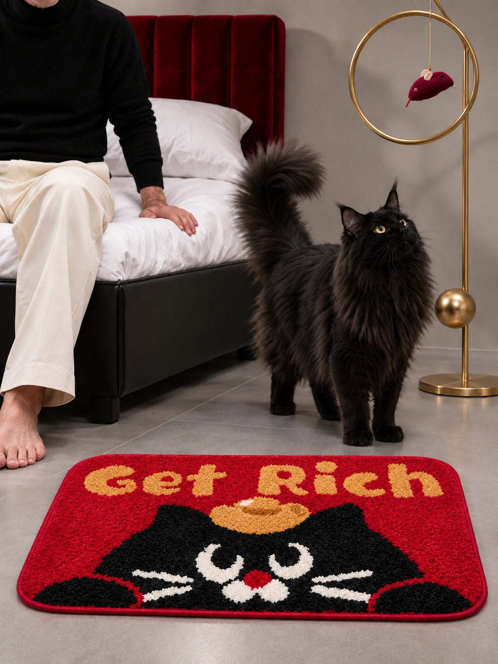 Get Rich Lucky Cat Bath Mat — bedroom scene