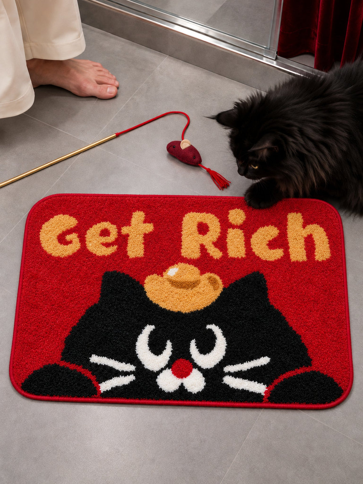 Get Rich Lucky Cat Bath Mat — bathroom context detail