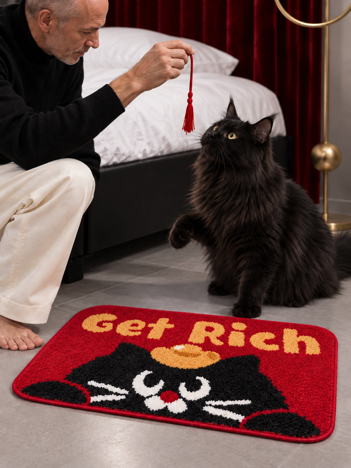 Get Rich Lucky Cat Bath Mat — bedside context detail