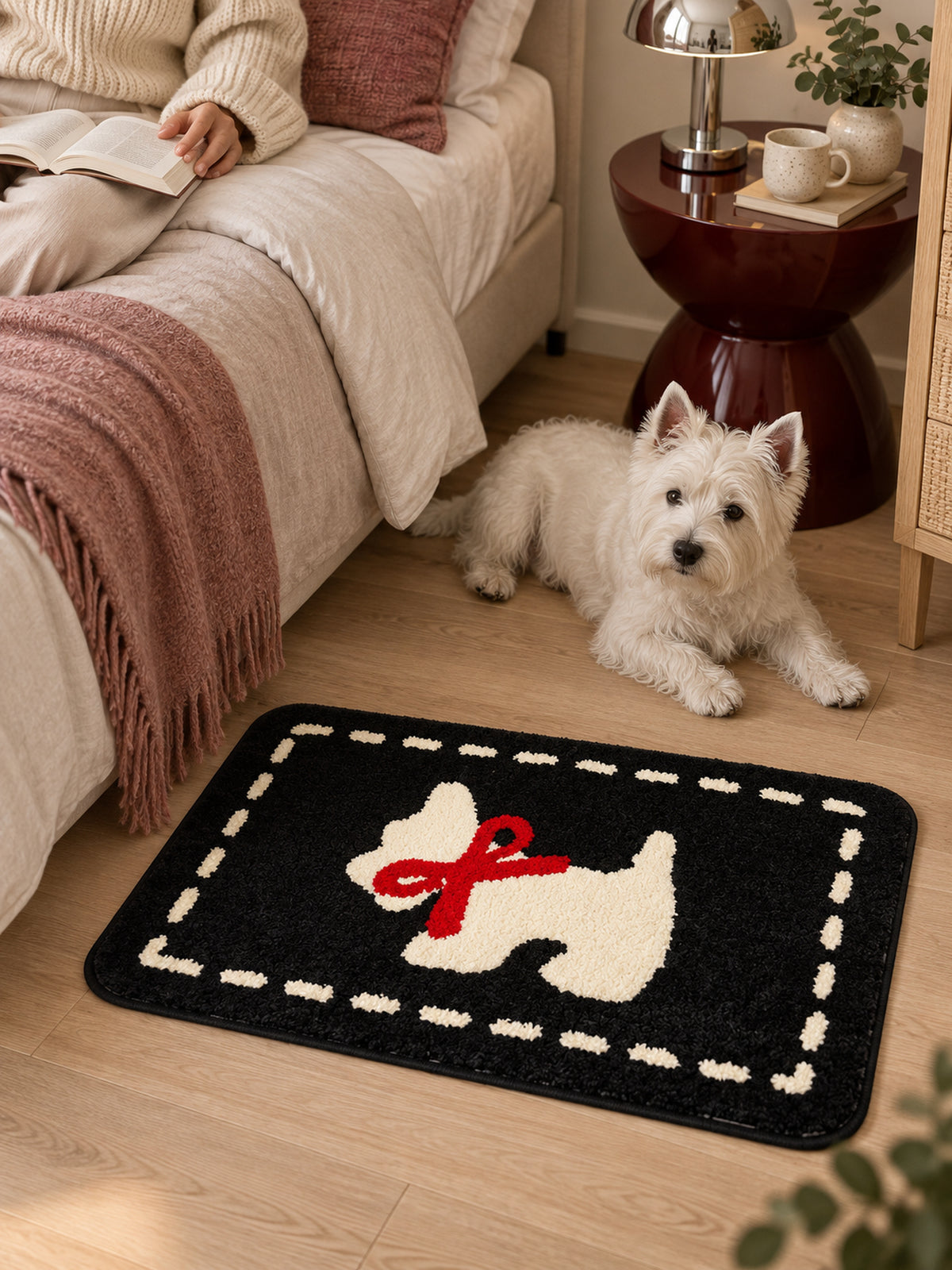 Bowtie Terrier Black & White Bath Mat — bedroom scene